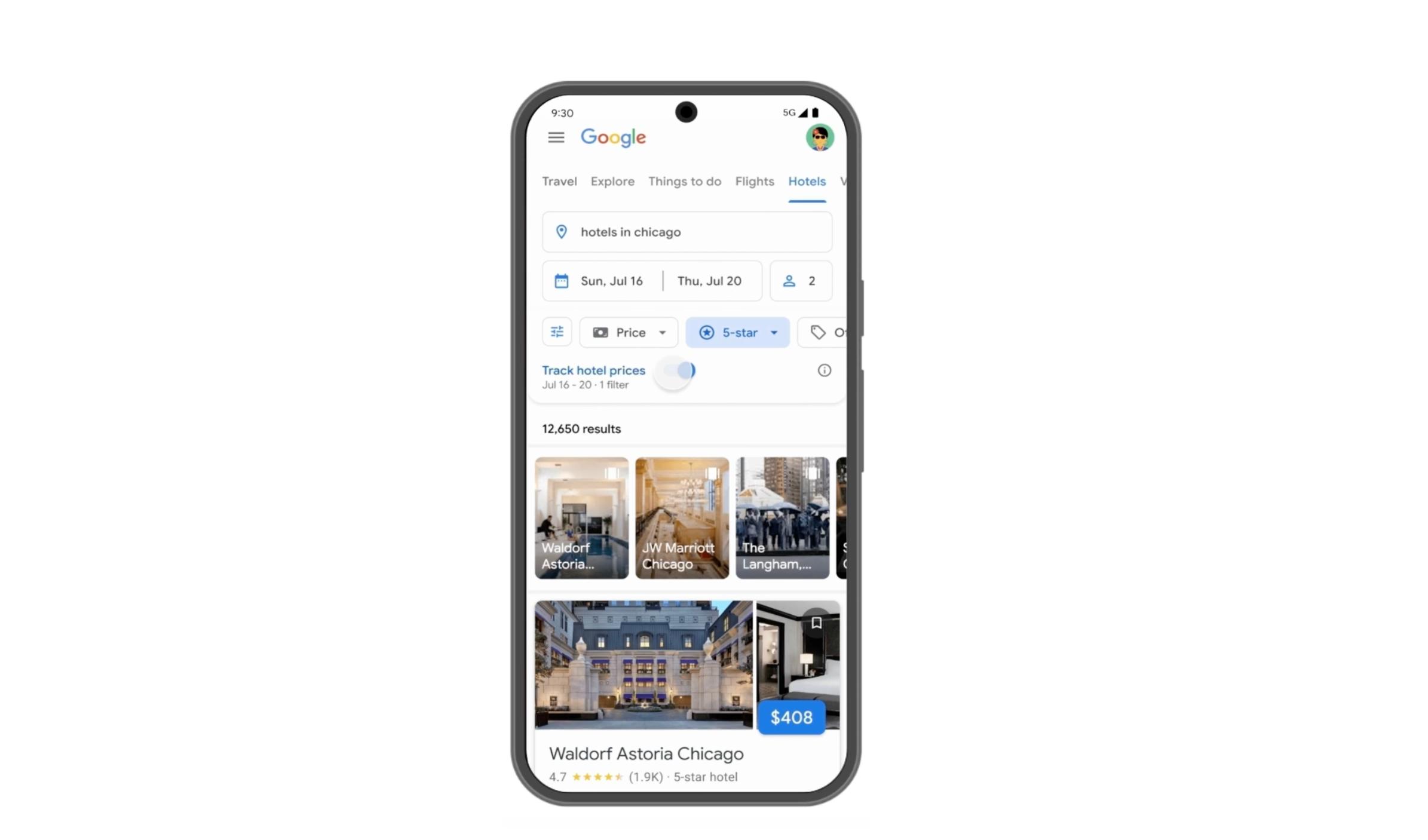Sample Google Hotels search